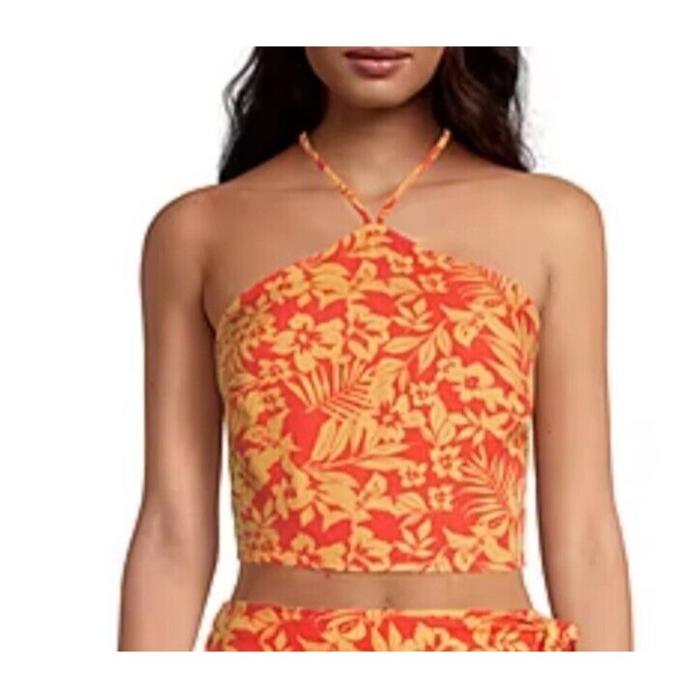 Arizona Crop Top Halter Neck Sleeveless Tank Top - Coral Tropical - Juniors, XL